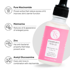 Skincare product with pink label and black dropper, featuring ingredients and benefits on a white background.