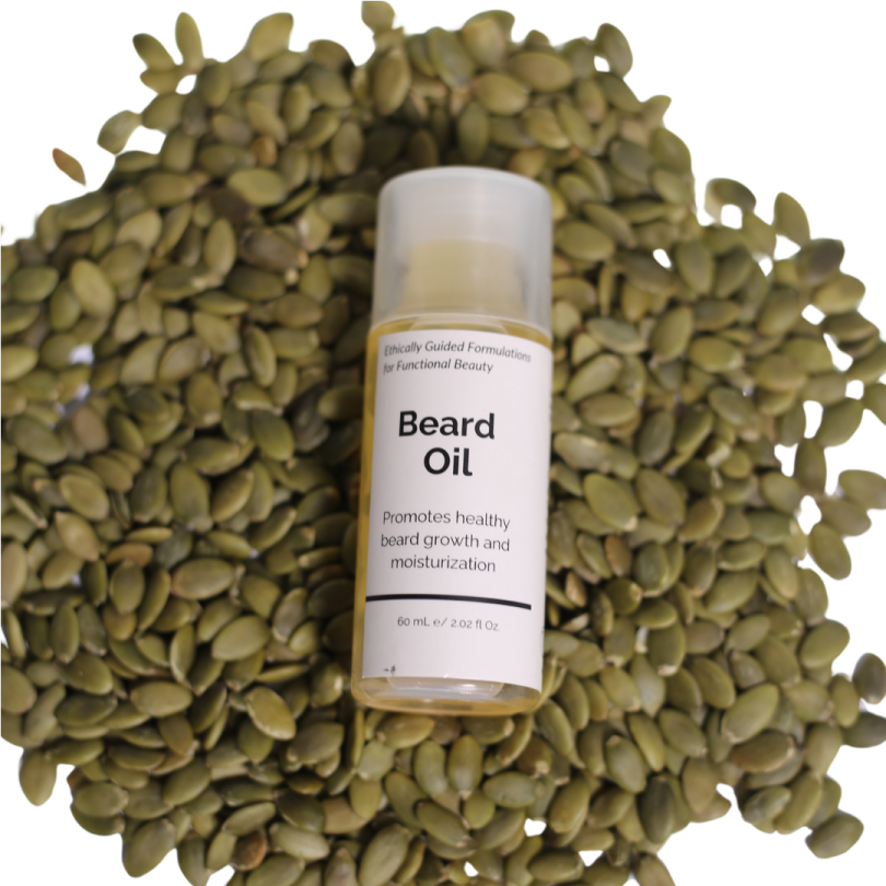 TS Beauty beard oil bottle held in hand, with hair follicle and hydration icon visuals