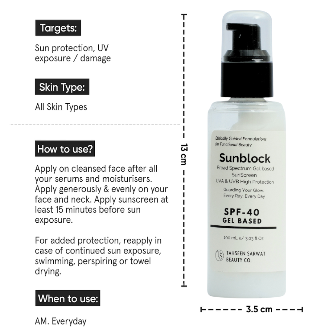 Sunscreen bottle with label and usage instructions on a white background