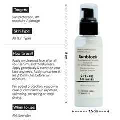 Sunscreen bottle with label and usage instructions on a white background