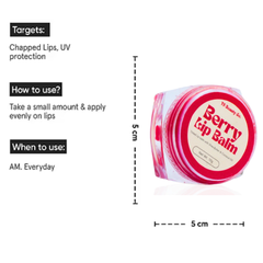 Berry lip balm container with dimensions and usage instructions on a white background