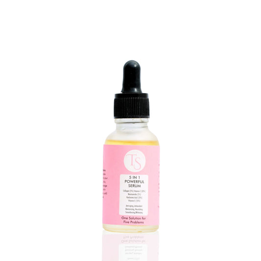A clear glass bottle with a dropper containing a yellow liquid, labeled as a 5-in-1 powerful serum for face and neck.