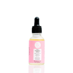 A clear glass bottle with a dropper containing a yellow liquid, labeled as a 5-in-1 powerful serum for face and neck.