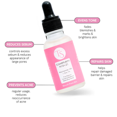 Skincare dropper bottle with pink label on a white background