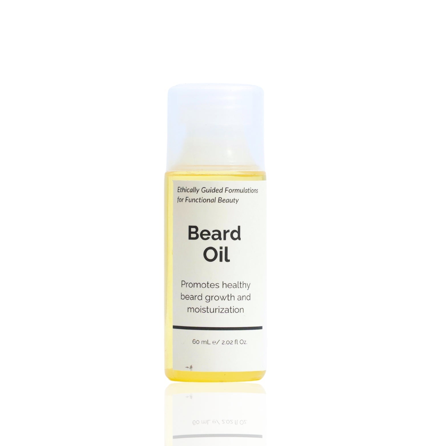 A bottle of Beard Oil with a white label on a plain background.