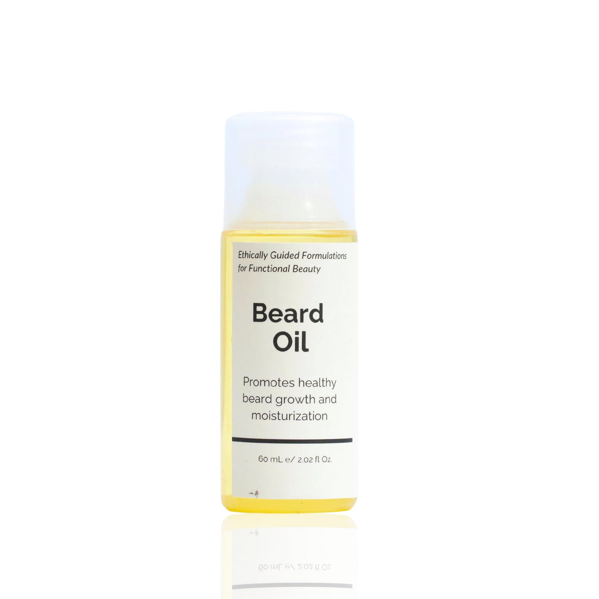 A bottle of Beard Oil with a white label on a plain background.