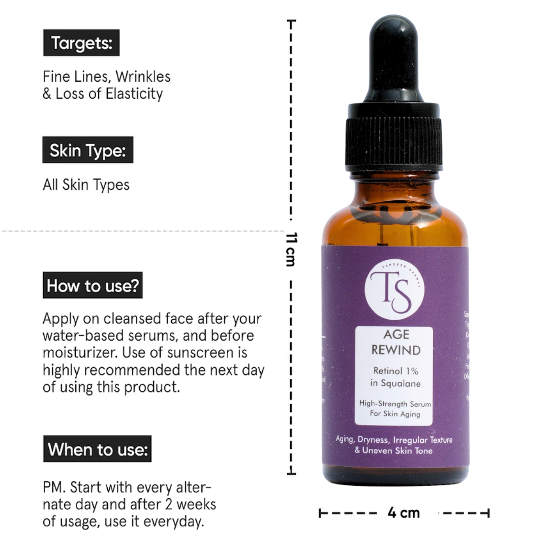 Bottle of skincare serum with label and measurement details on a white background