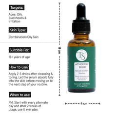 Bottle of TS Acneaway Elixir with product details on a white background