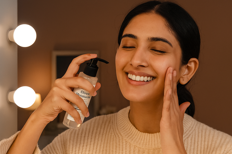 Woman applying a facial product in front of a mirror with lights.