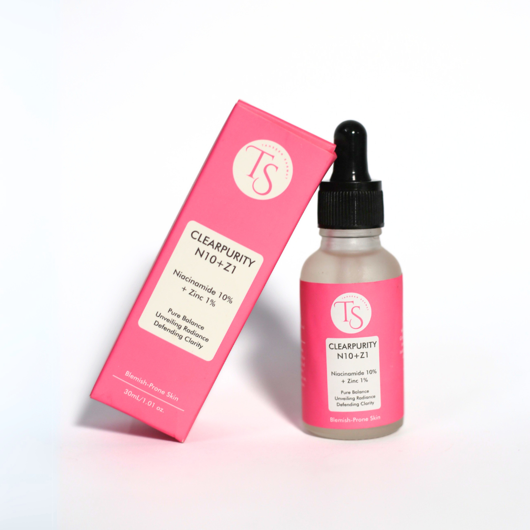 Niacinamide serum next to aloe vera and calming skin icons