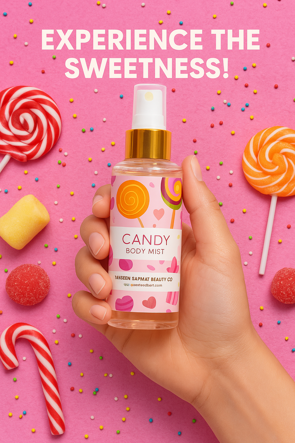 Hand holding a candy-themed body mist spray with colorful lollipops and candies on a pink background.