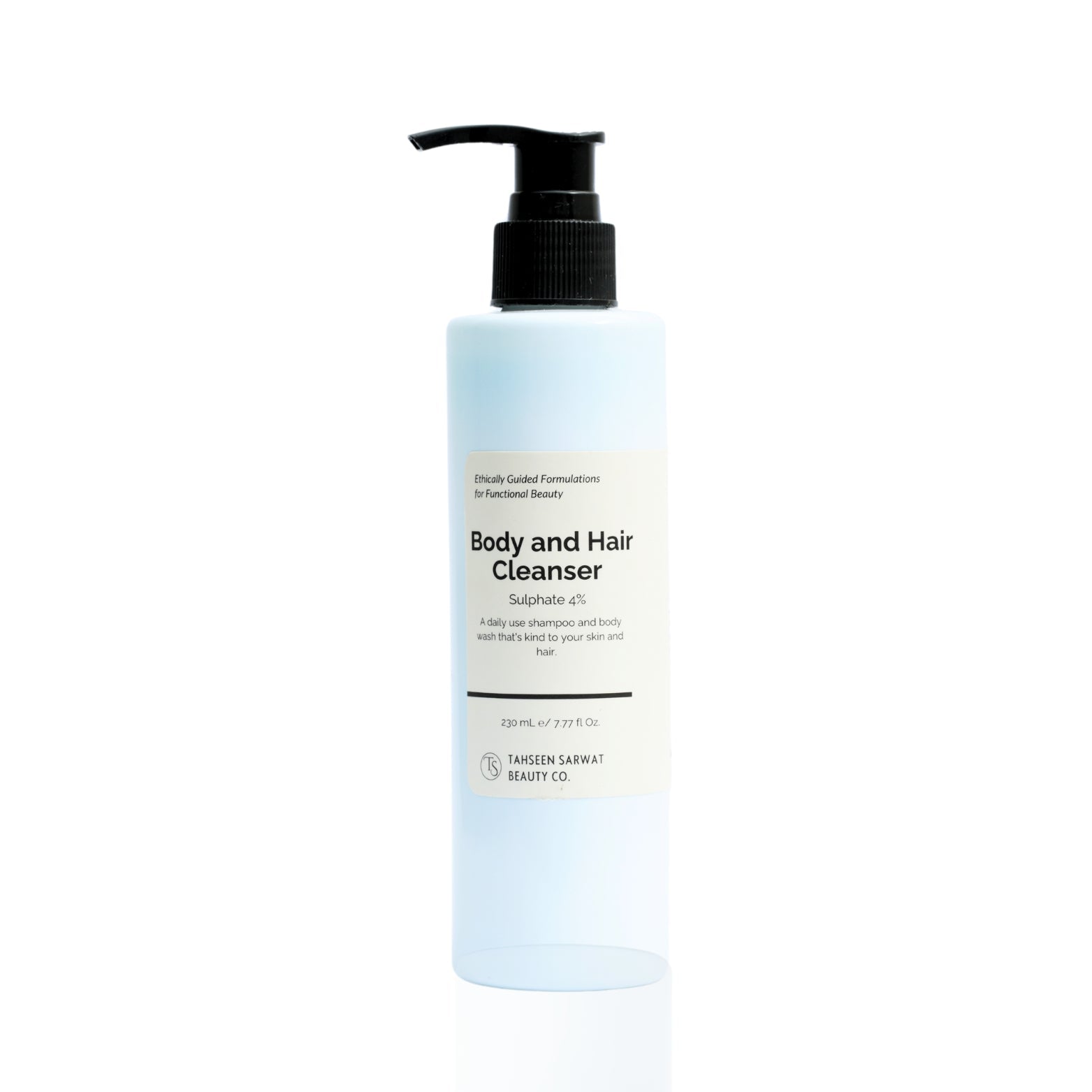 A pump bottle of Body and Hair Cleanser with a label that indicates it's a 4% Sulphate formula, suitable for daily use.