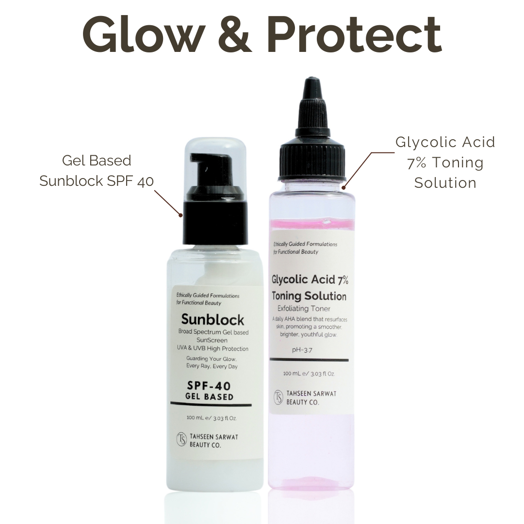 Two skincare products labeled 'Sunblock SPF 40' and 'Glycolic Acid 7% Toning Solution' on a white background.