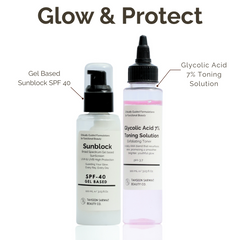 Two skincare products labeled 'Sunblock SPF 40' and 'Glycolic Acid 7% Toning Solution' on a white background.