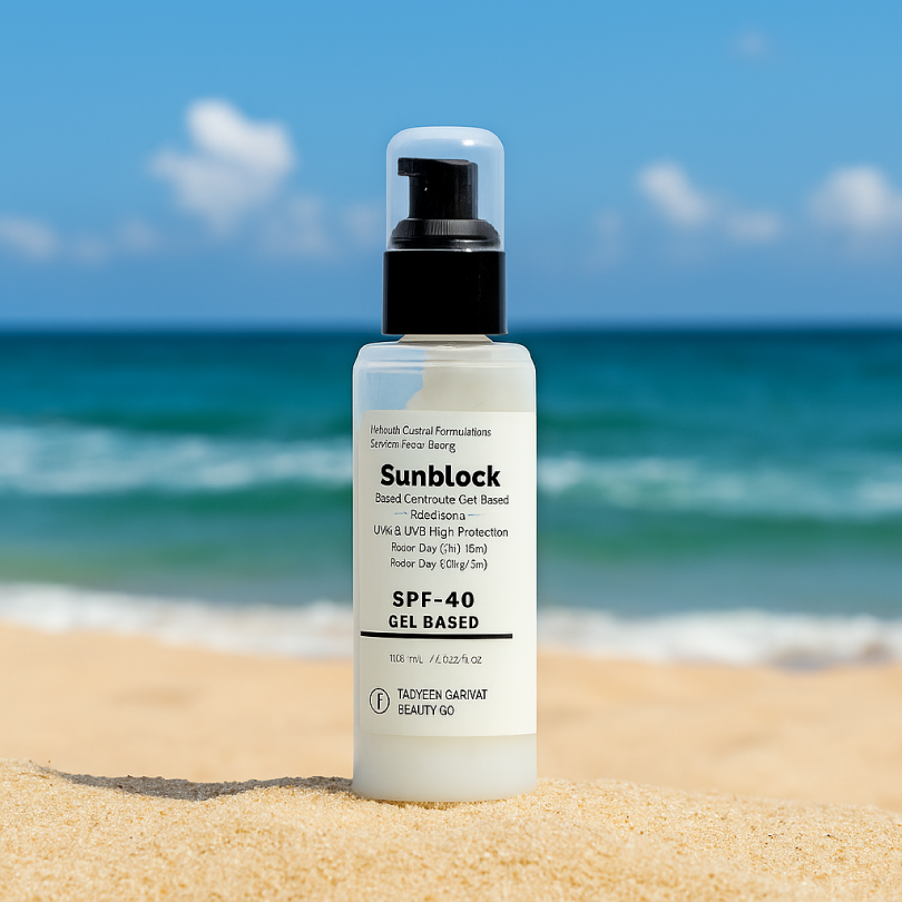 Sunblock bottle on a sandy beach with ocean and sky in the background