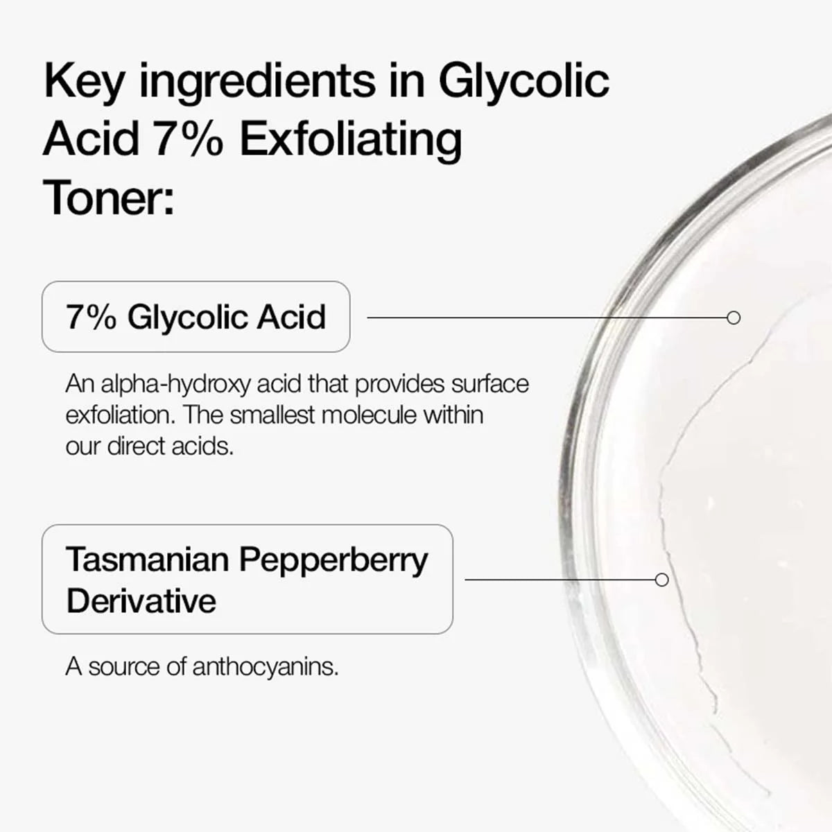Glycolic Acid 7% Exfoliating Toner with labeled ingredients on a white background