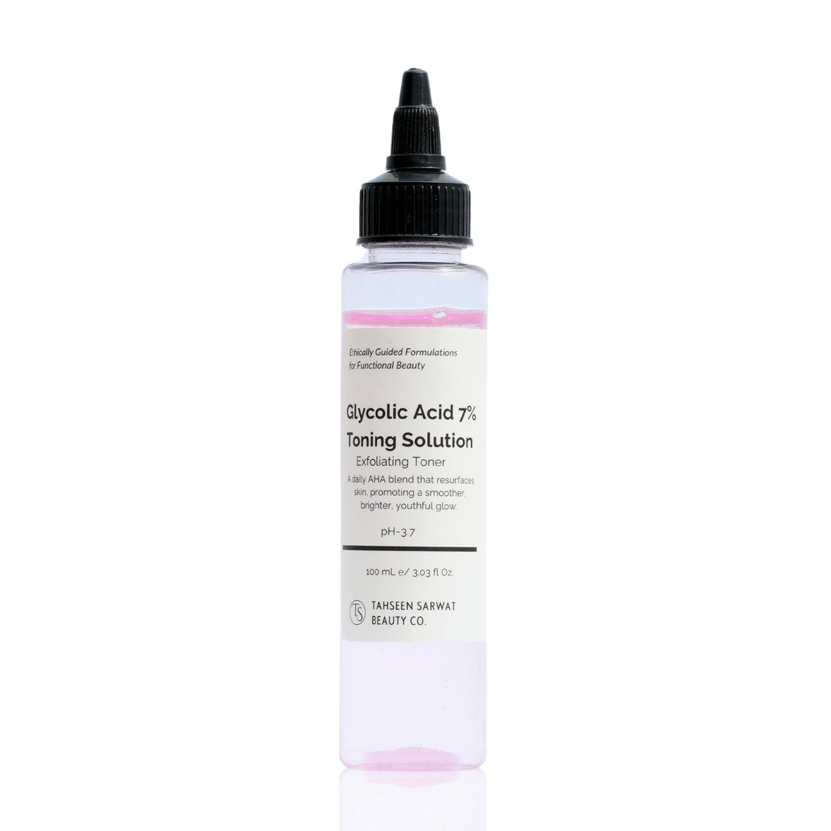 A clear bottle with a black pump dispenser containing a pink-toned liquid labeled as Glycolic Acid 7% Toning Solution.