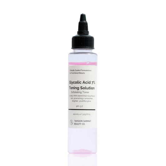A clear bottle with a black pump dispenser containing a pink-toned liquid labeled as Glycolic Acid 7% Toning Solution.