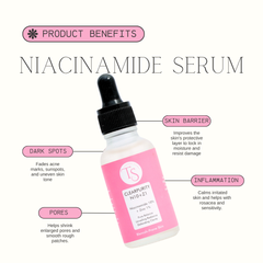 Niacinamide serum bottle with product benefits on a white background