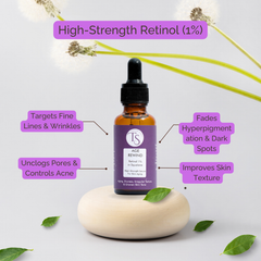 Skincare serum bottle with purple label on a white background with text highlighting benefits