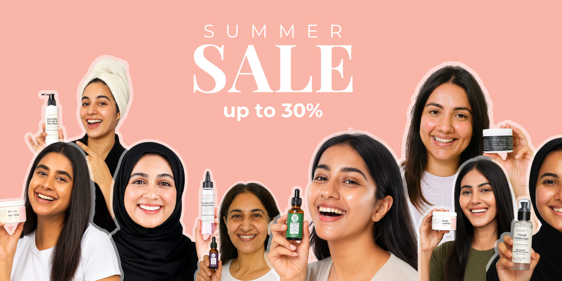 Promotional banner for a summer sale with women holding skincare products against a pink background.