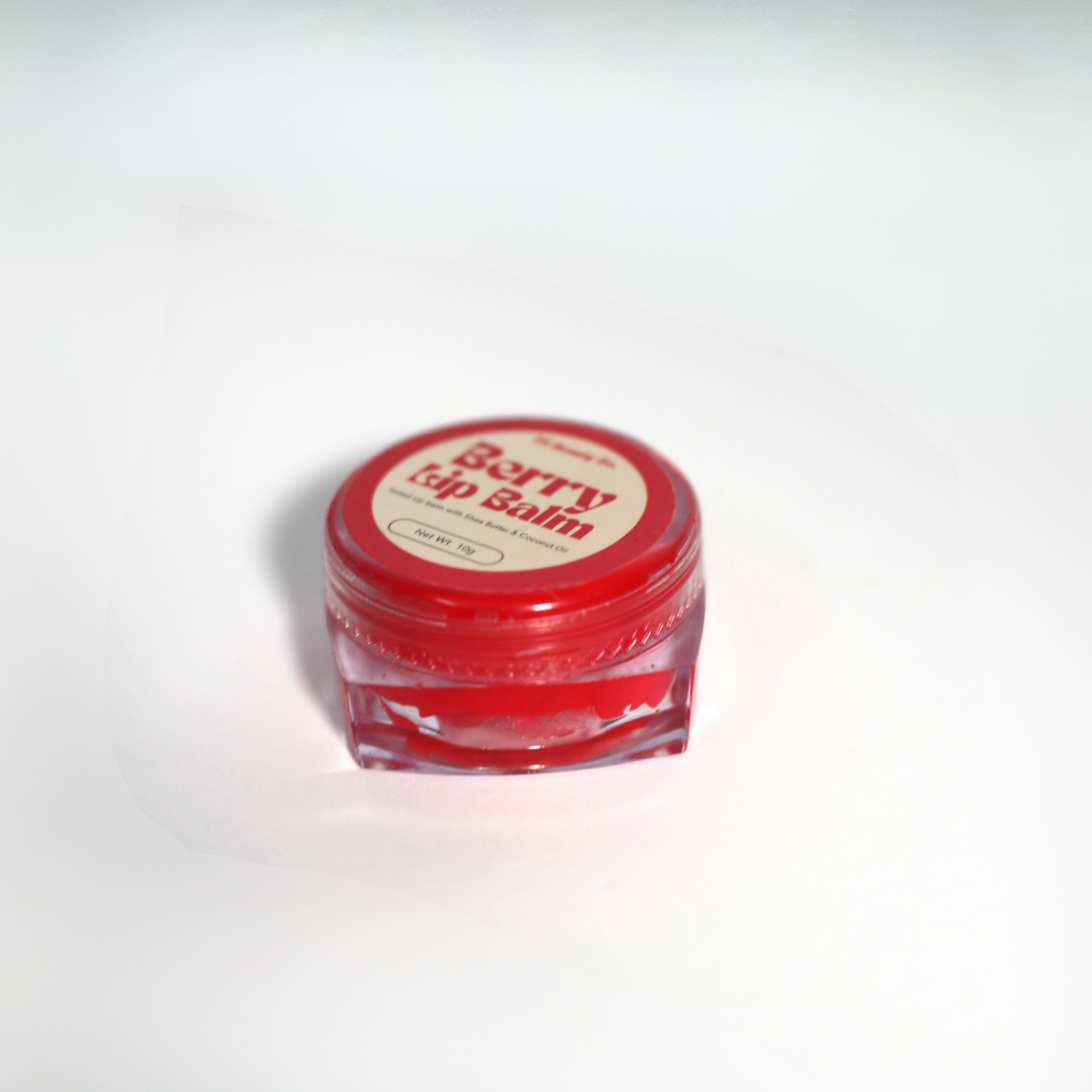  Lip balm swatch with berry-tinted color and glossy finish on lips