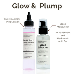 Two skincare products labeled 'Glycolic Acid 7% Toning Solution' and 'Cloud Moisturizer' on a white background.