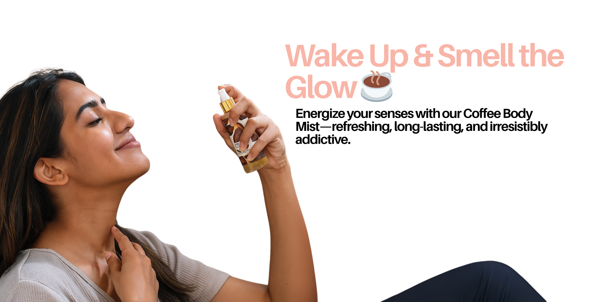 Woman holding a coffee-themed product with promotional text on a white background