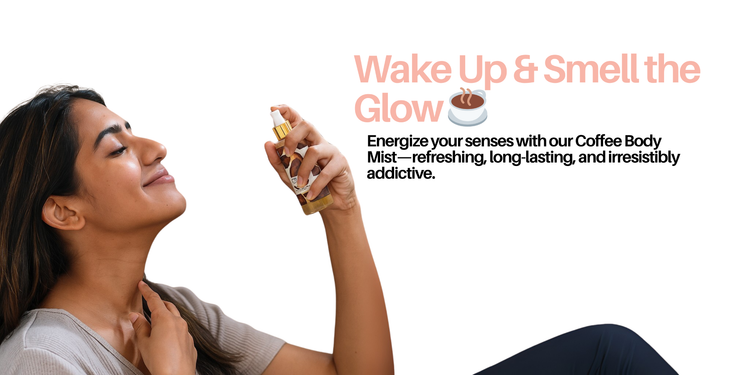 Woman holding a coffee-themed product with promotional text on a white background