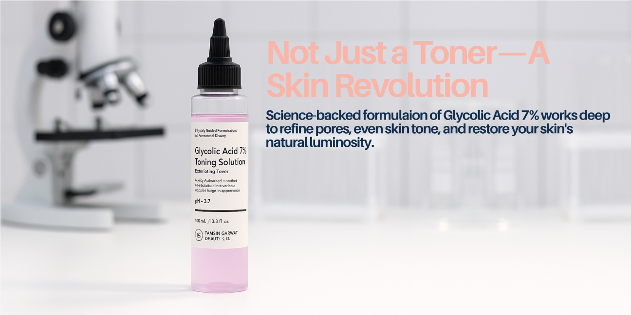 Bottle of Glycolic Acid Toning Solution with text about its benefits on a blurred background