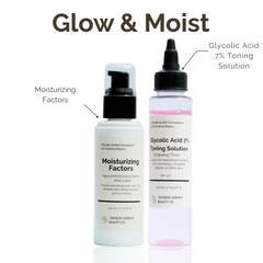 Two skincare products labeled 'Glow & Moist' with text indicating moisturizing factors and glycolic acid content.