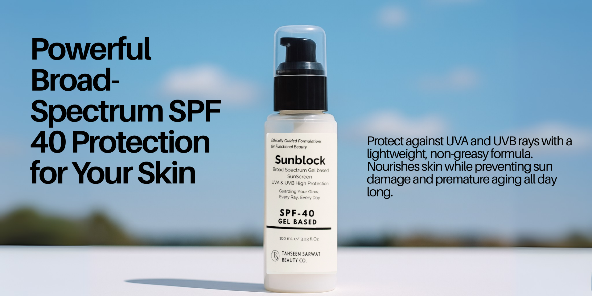 Sunscreen bottle with text about SPF 40 protection against UVA and UVB rays.