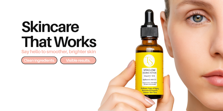 Hand holding a skincare dropper bottle with a woman's face in the background, text 'Skincare That Works' displayed.