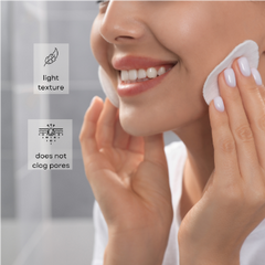 Woman applying a skincare product with text indicating 'light texture' and 'does not clog pores'.